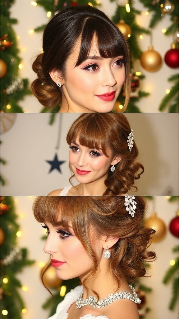Collage of Christmas hairstyles with bangs: sleek low bun, voluminous curls, and half-up half-down style.